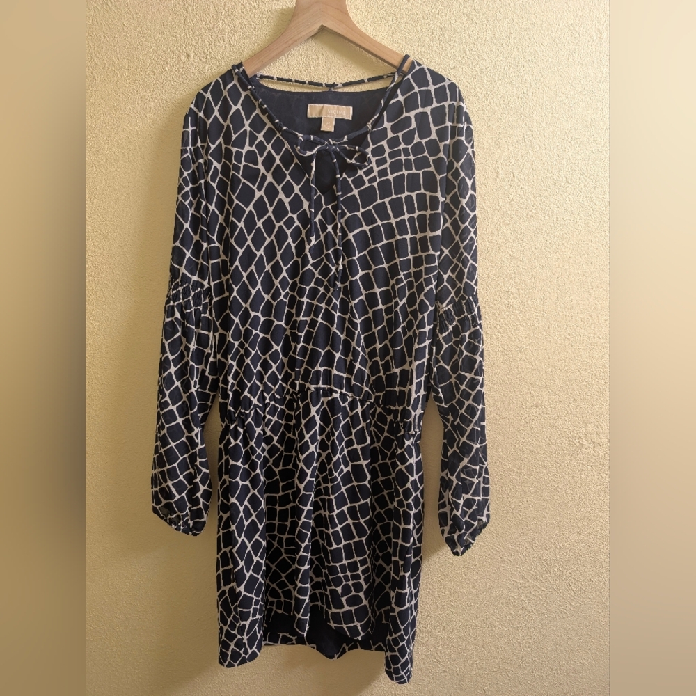 MICHAEL Michael Kors Navy and Cream Patterned Dress Tie Neck Long Sleeve
